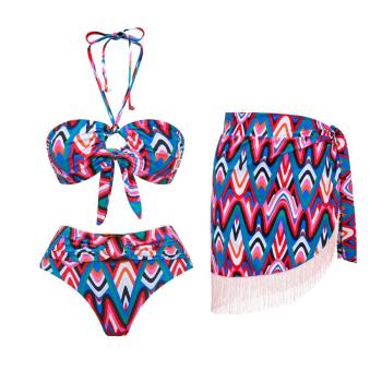 sexy batch printing padded tassel chiffon skirt three-piece swimsuit