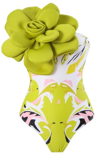 sexy 3d flower decor digital printing padded one shoulder one-piece swimsuit