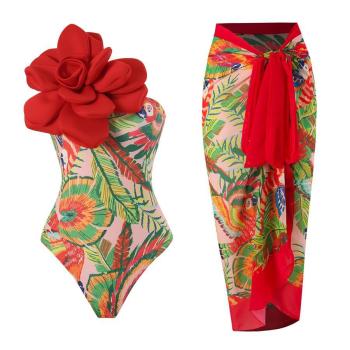sexy 3d flower printed padded one-piece swimsuit & skirt(skirt only one size)
