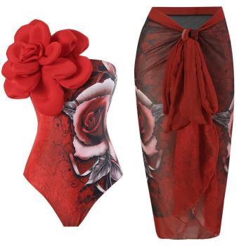 sexy 3d flower printed padded one-piece swimwear & skirt(skirt only one size)