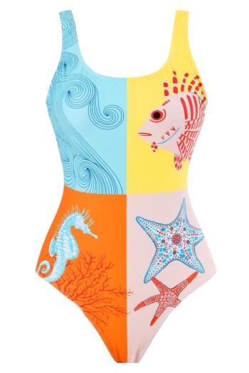 sexy seahorse and fish graphic printing padded backless one-piece swimsuit