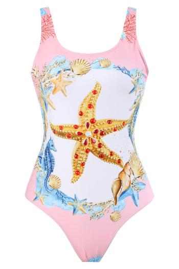 sexy starfish and seahorse graphic printing padded backless one-piece swimsuit