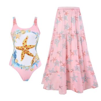 sexy starfish print padded one-piece swimsuit with skirt(skirt only one size)
