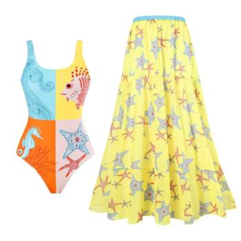 sexy seahorse print padded one-piece swimsuit with skirt(skirt only one size)