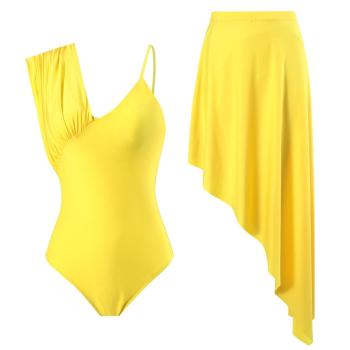 sexy pure color padded one-piece swimwear with skirt