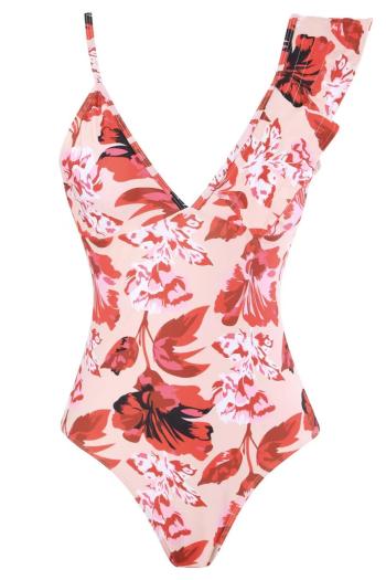 sexy floral printing padded ruffle backless sling one-piece swimsuit