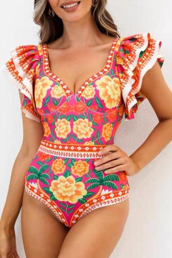 sexy floral printing padded underwire v-neck cascading ruffle one-piece swimsuit