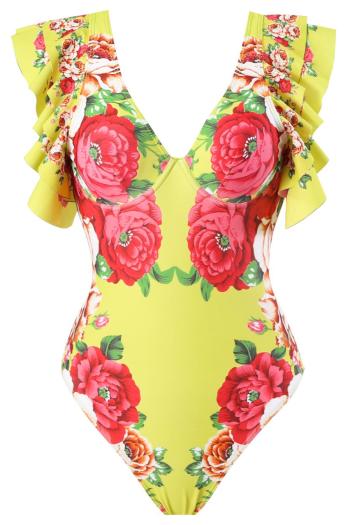 sexy floral printing padded underwire v-neck cascading ruffle one-piece swimwear