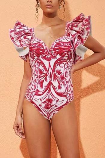 sexy flower printing padded underwire v-neck cascading ruffle one-piece swimsuit