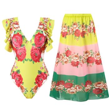 sexy floral printing padded underwire v-neck one-piece swimwear with skirt