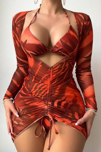 xs-l sexy leaf printing padded drawstring mesh cover-up three-piece swimsuit