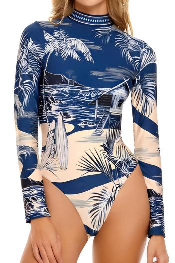 sexy graphic fixed print padded long sleeve backless surfing one-piece swimsuit