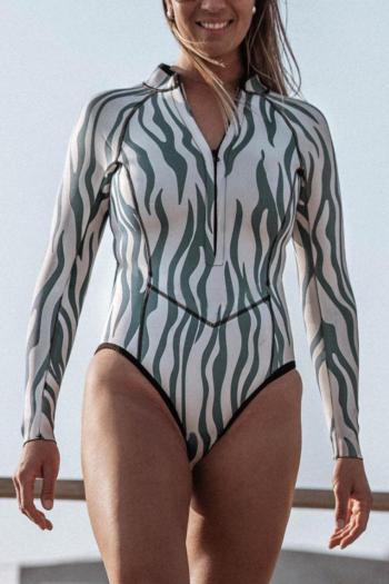 sexy zebra stripe printing padded long sleeve surfing one-piece swimsuit