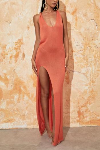 sexy orange knitted backless high slit beach dress cover-up