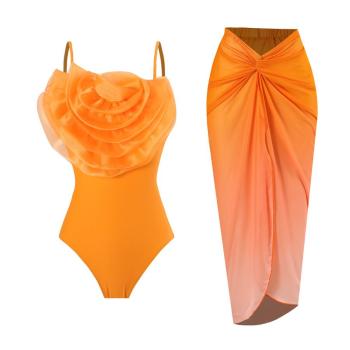 sexy 3 colors orange padded 3d flower one-piece swimsuit & chiffon skirt