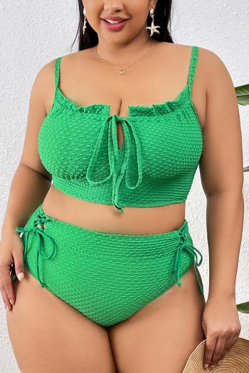 sexy plus size pure color textured padded high waist lace-up tankini set