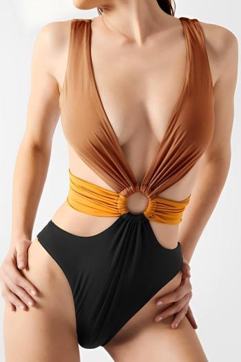 sexy color-block padded deep v hollow one-piece swimsuit