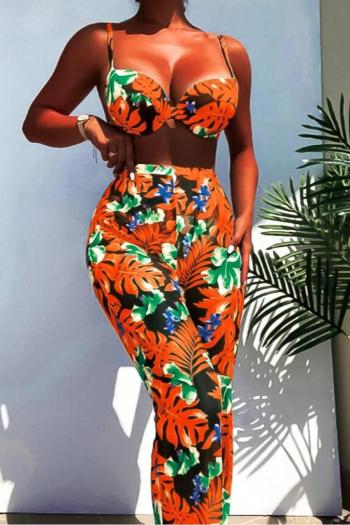 sexy floral printing orange padded underwire mesh pants three-piece swimsuit