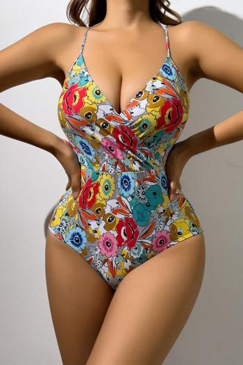 sexy flower printing padded low-cut backless lace-up one-piece swimsuit
