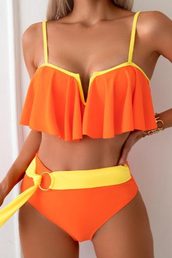 sexy color-block orange padded high waist ruffle tankini set