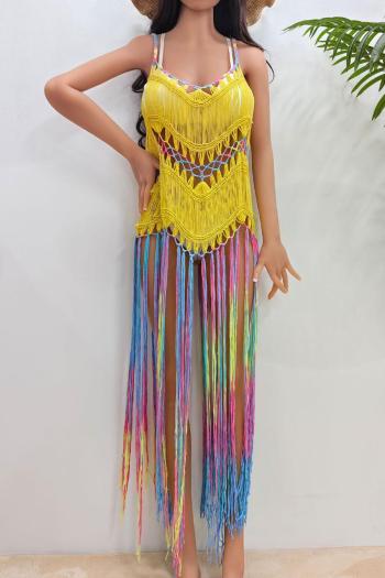 sexy gradient color cut out knitted tassel beach dress cover-up(only cover-up)