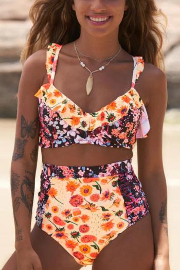 sexy floral printing padded underwire ruffle lace-up high waist tankini set