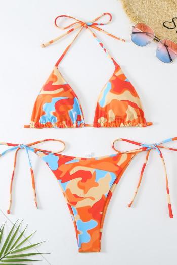 sexy orange camo printing padded halter-neck self-tie triangle bikini set