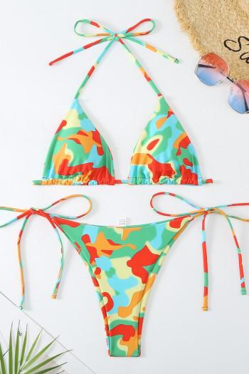 sexy multicolor camo printing padded halter-neck self-tie triangle bikini set