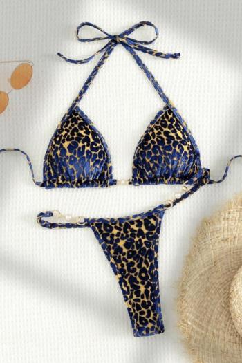 sexy color-block leopard flocking padded pearl halter-neck triangle bikini set