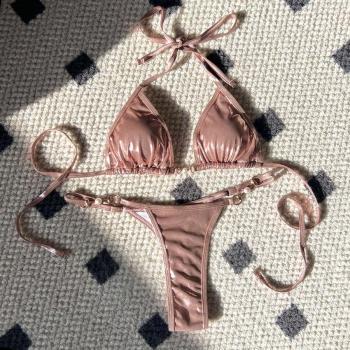 sexy pure color glossy padded pearl halter-neck self-tie triangle bikini set