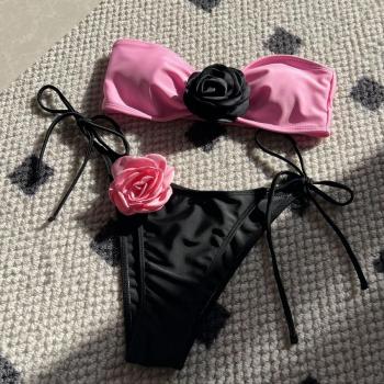 sexy color-block 3d flower decor padded bandeau lace-up bikini set