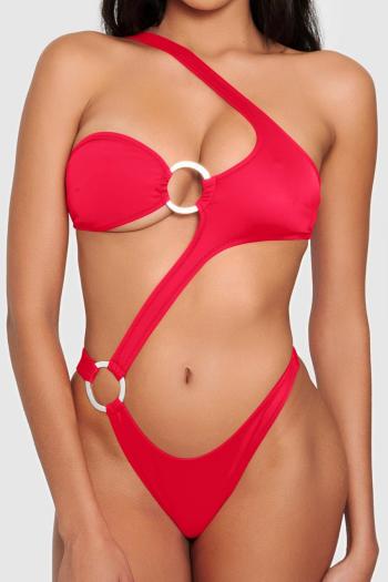 sexy 5 colors padded one shoulder hollow ring linked one-piece swimwear