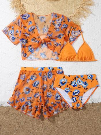 girl teen stylish orange floral printing padded four-piece swimsuit