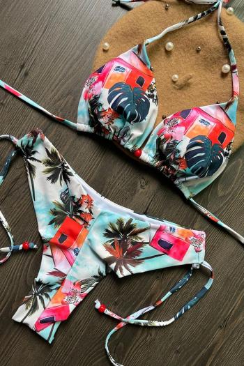 sexy coconut tree printing padded halter-neck beading triangle bikini set