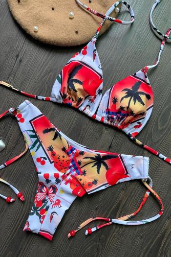 sexy graphic printing padded halter-neck beading lace-up triangle bikini set