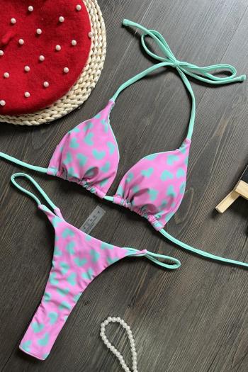 sexy heart graphic printing padded halter-neck lace-up triangle bikini set