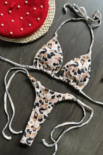 sexy leopard graphic printing padded halter-neck self-tie triangle bikini set