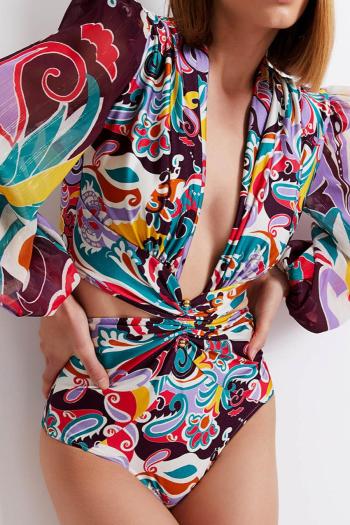 sexy graphic printing padded v-neck hollow long sleeve one-piece swimsuit