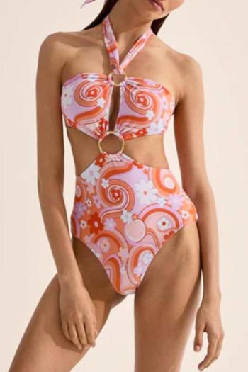 sexy orange graphic printing padded ring linked halter-neck one-piece swimsuit