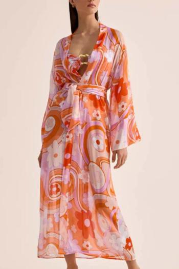 sexy mesh orange graphic printing long sleeve with belt cover-up(only cover-up)