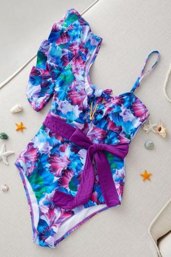 sexy floral printing padded cascading ruffle tie-waist one-piece swimsuit