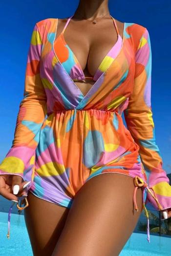sexy orange batch printing 5 colors padded mesh cover-up three-piece swimsuit