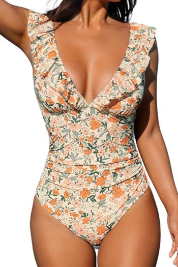 sexy floral printing padded deep v ruffle backless one-piece swimwear