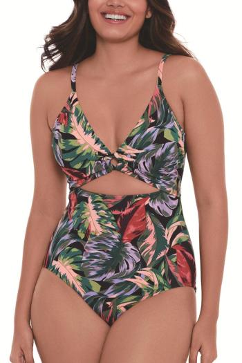 sexy leaf print padded ring linked hollow adjustable straps one-piece swimsuit