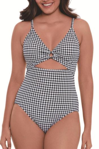 sexy lattice printing padded ring linked hollow one-piece swimsuit