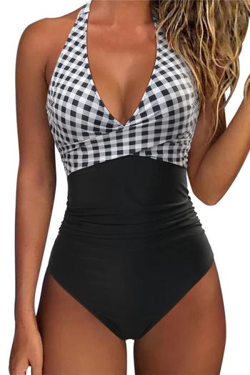 sexy plus size lattice printing padded halter-neck lace-up one-piece swimsuit