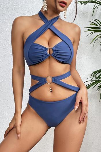 sexy pure color padded halter-neck metallic ring linked tankini set