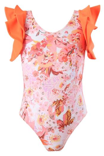girl teen stylish orange floral printing unpadded ruffle one-piece swimsuit