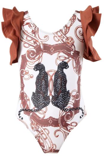 girl teen stylish leopard printing unpadded ruffle one-piece swimsuit