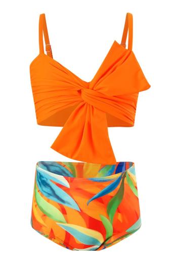 girl teen stylish orange leaf printing unpadded bow tankini set